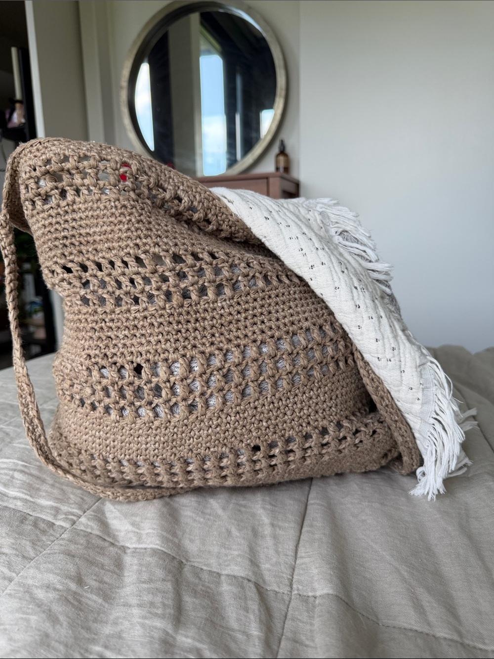 Crochet Tote Beach Bag in Taupe